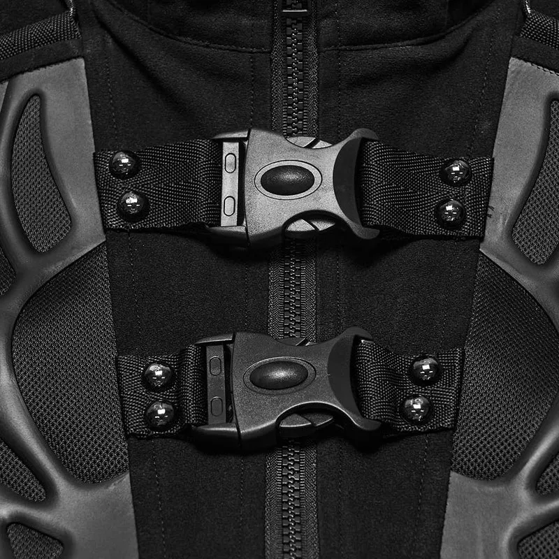 Kurze Herren-Techwear-Weste mit Nieten, Kordelzug und Schnallenverschluss