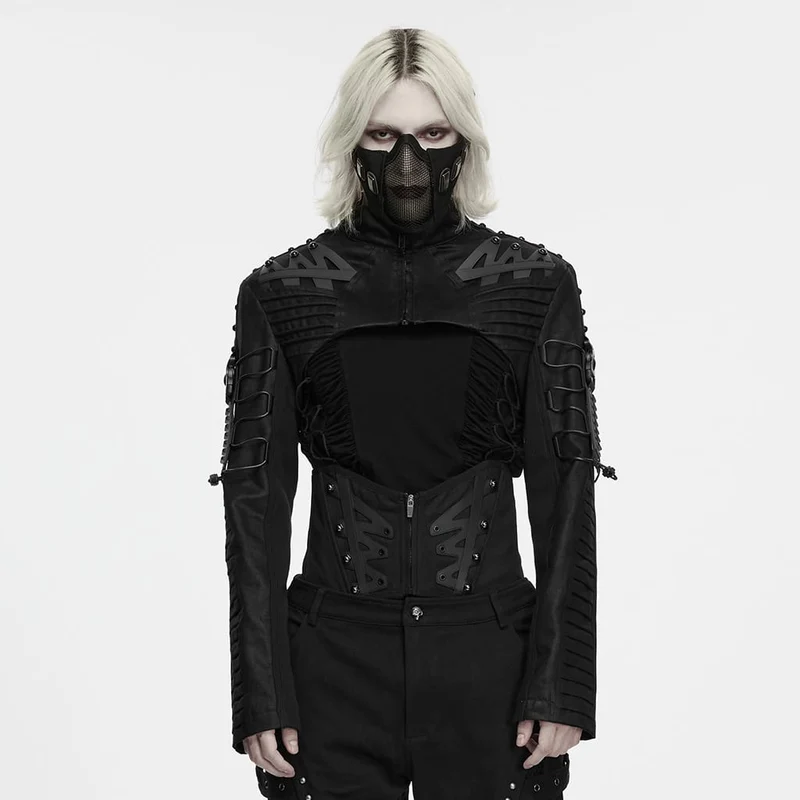 Kurze Herrenjacke im Cyberpunk-Stil mit Nieten, Falten und Stehkragen