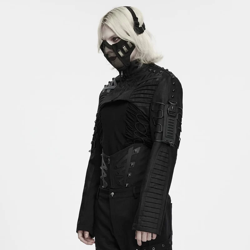 Kurze Herrenjacke im Cyberpunk-Stil mit Nieten, Falten und Stehkragen