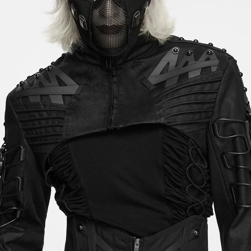 Kurze Herrenjacke im Cyberpunk-Stil mit Nieten, Falten und Stehkragen