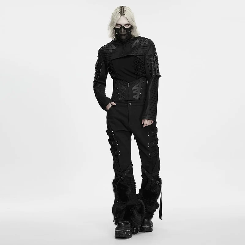 Kurze Herrenjacke im Cyberpunk-Stil mit Nieten, Falten und Stehkragen