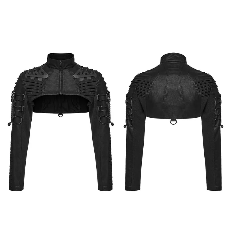 Kurze Herrenjacke im Cyberpunk-Stil mit Nieten, Falten und Stehkragen
