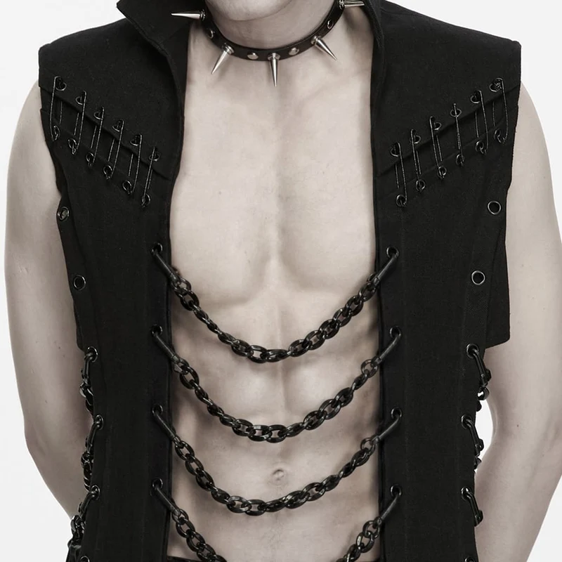 Punk-Weste für Herren mit Ösenkette, Sicherheitsnadel und Stehkragen