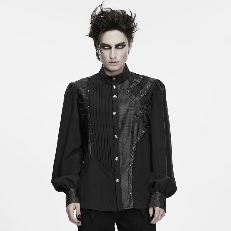 Punk-Herrenhemd mit asymmetrischem Faltenrock, Stehkragen und Bischofsärmeln