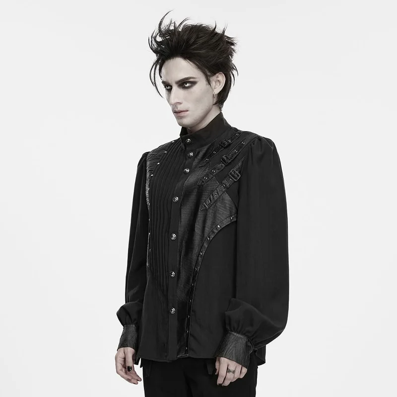 Punk-Herrenhemd mit asymmetrischem Faltenrock, Stehkragen und Bischofsärmeln