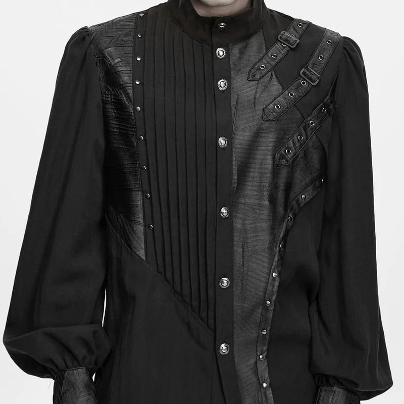 Punk-Herrenhemd mit asymmetrischem Faltenrock, Stehkragen und Bischofsärmeln