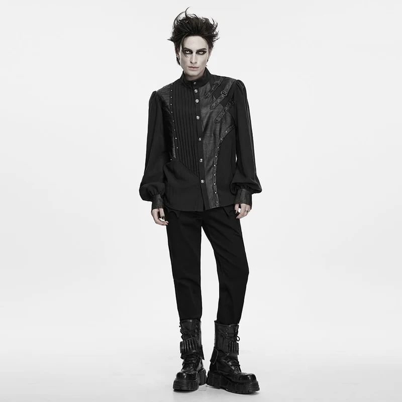 Punk-Herrenhemd mit asymmetrischem Faltenrock, Stehkragen und Bischofsärmeln