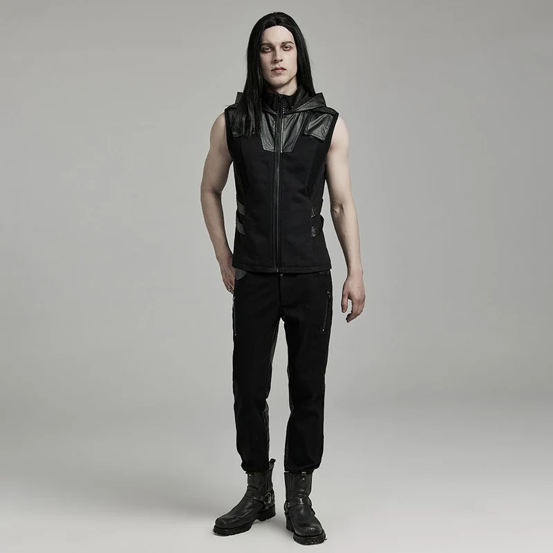 Herren-Weste aus Punk-Mesh-Splice-Kunstleder mit Kapuze
