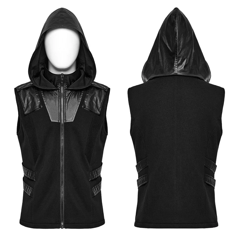 Herren-Weste aus Punk-Mesh-Splice-Kunstleder mit Kapuze