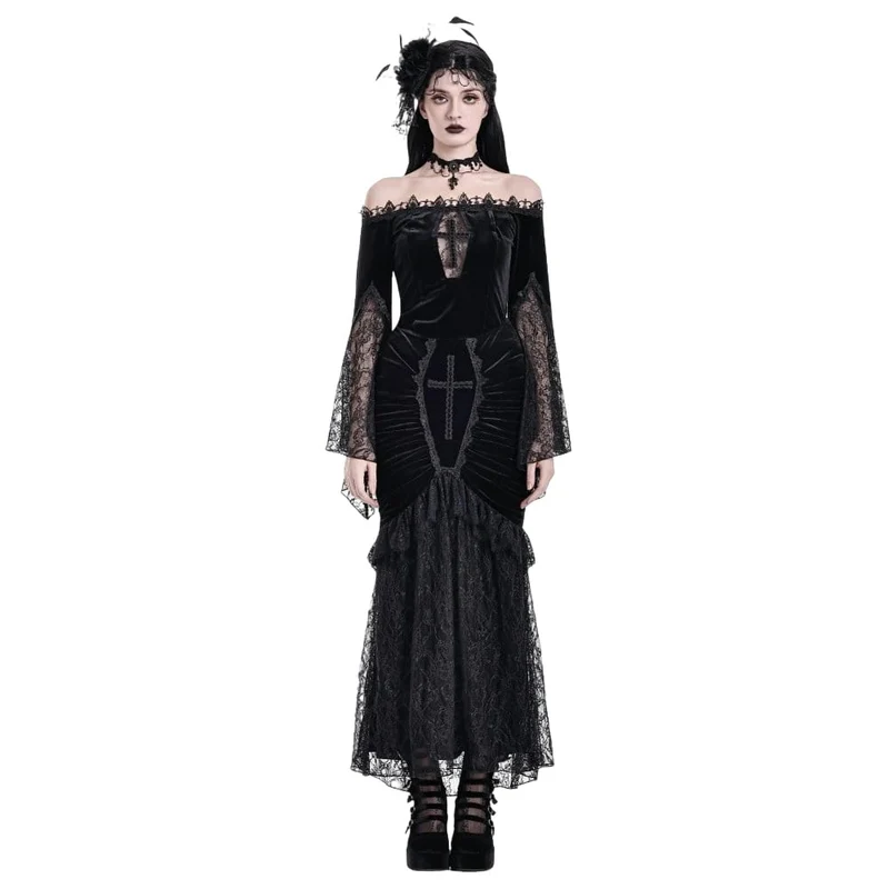Gothic-Meerjungfrauenrock aus Samt mit floralem Spitzen-Patchwork, gerafftem Kreuzmuster und Zierelementen