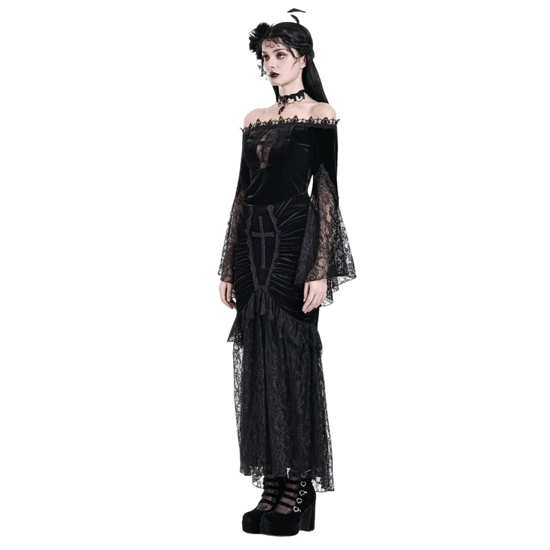 Gothic-Meerjungfrauenrock aus Samt mit floralem Spitzen-Patchwork, gerafftem Kreuzmuster und Zierelementen