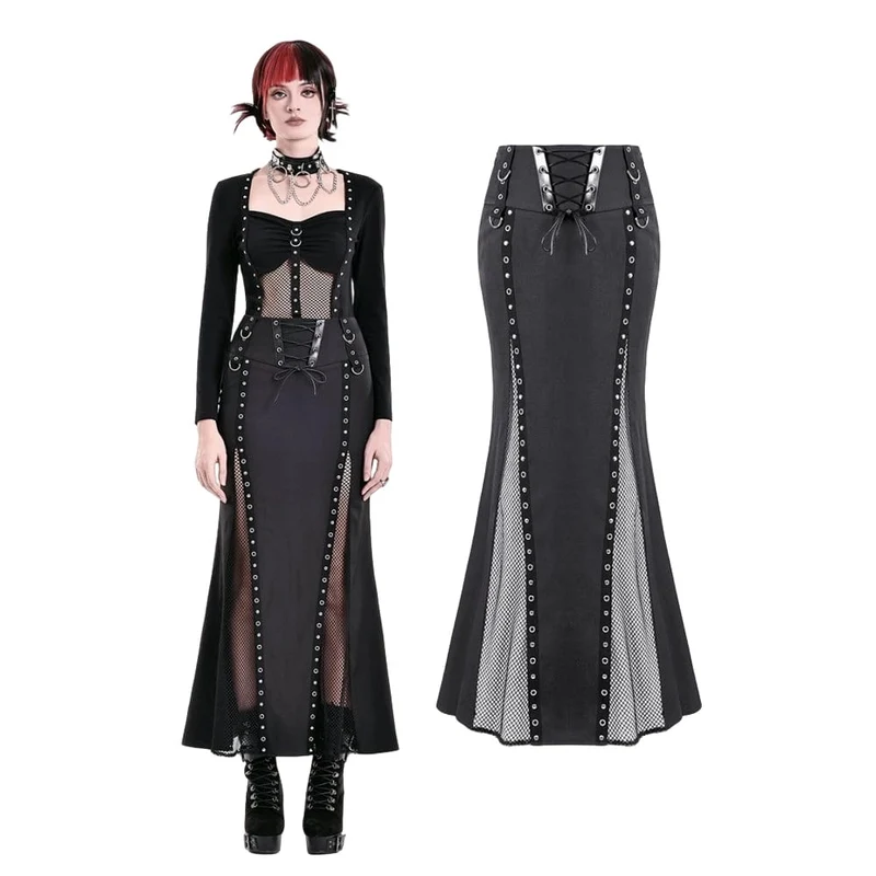 Damen-Meerjungfrauenrock im Cyberpunk-Stil mit Schnürung, Ösen und Mesh-Einsätzen
