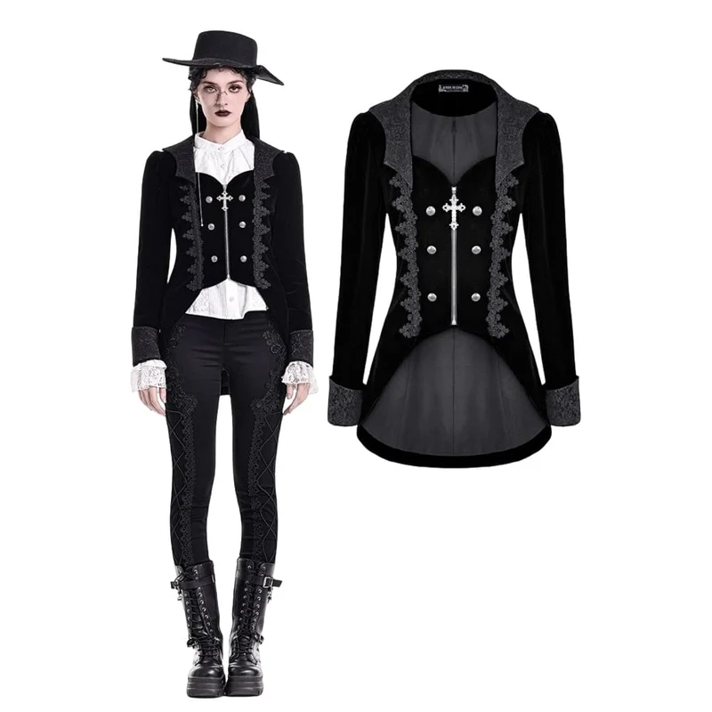 Gothic-Frackjacke für Damen mit Spitzenapplikationen, Revers und Reißverschluss
