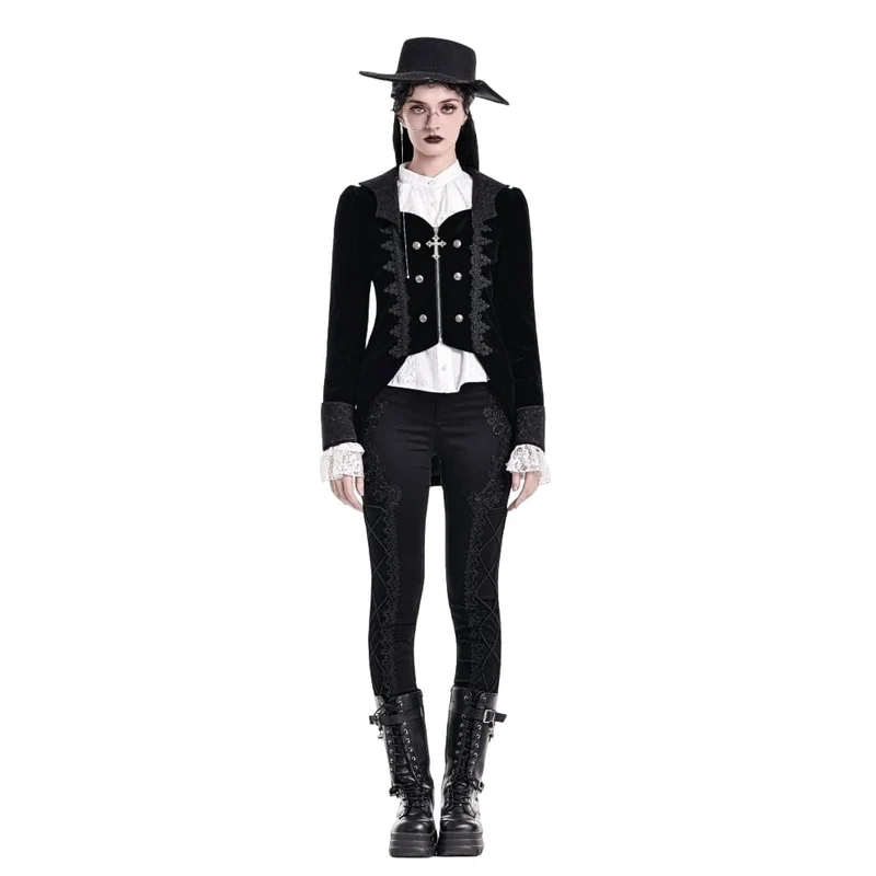 Gothic-Frackjacke für Damen mit Spitzenapplikationen, Revers und Reißverschluss