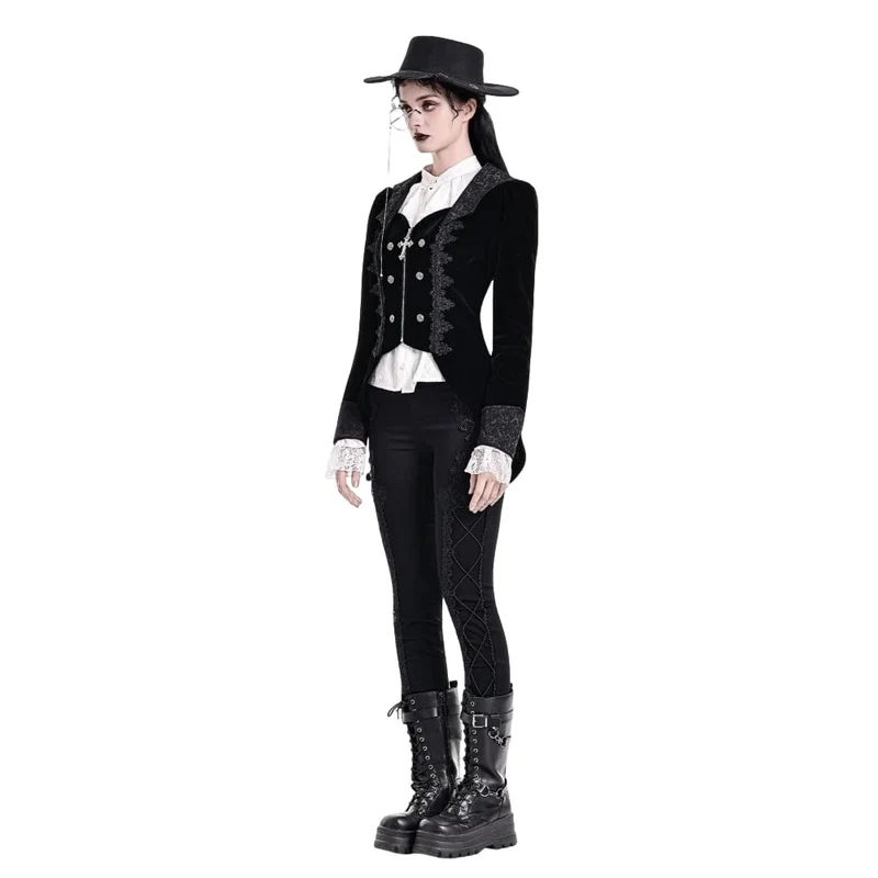 Gothic-Frackjacke für Damen mit Spitzenapplikationen, Revers und Reißverschluss
