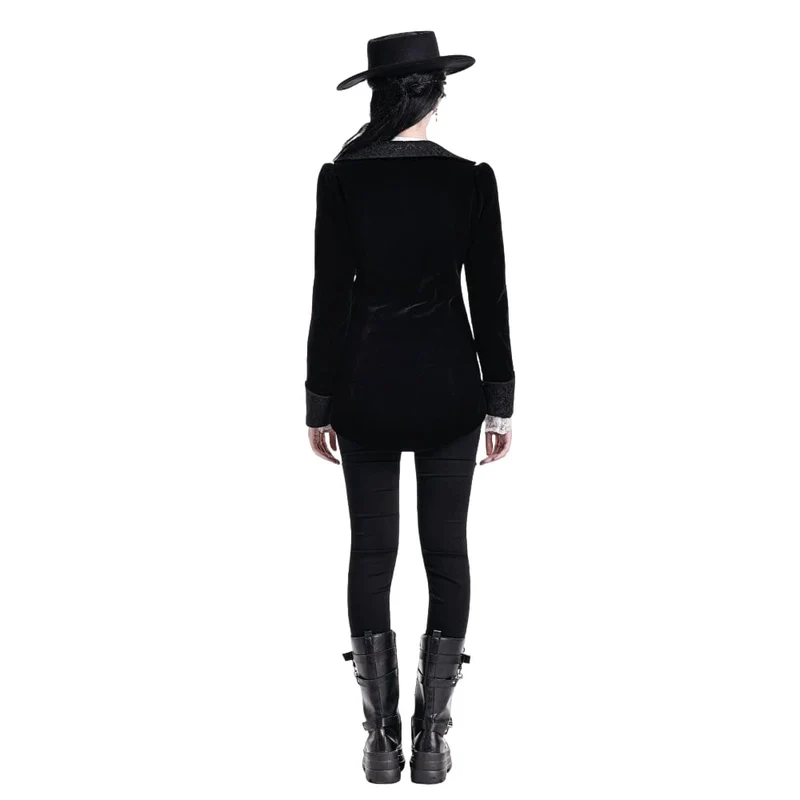 Gothic-Frackjacke für Damen mit Spitzenapplikationen, Revers und Reißverschluss