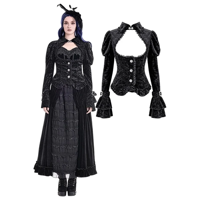 Gothic-Jacquard-Top für Damen mit Cut-out-Schnallenriemen und Glockenärmeln