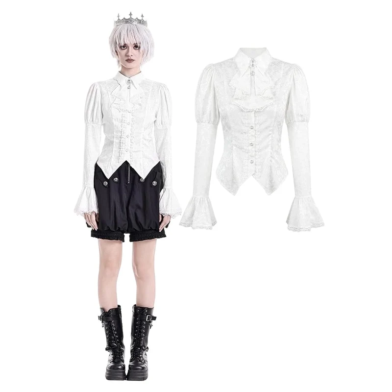 Gothic-Bluse für Damen mit Schnürung, Umlegekragen und Puffärmeln