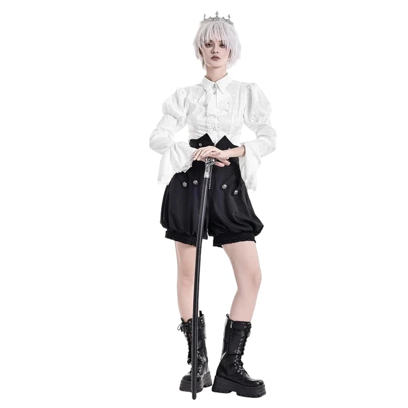 Gothic-Bluse für Damen mit Schnürung, Umlegekragen und Puffärmeln