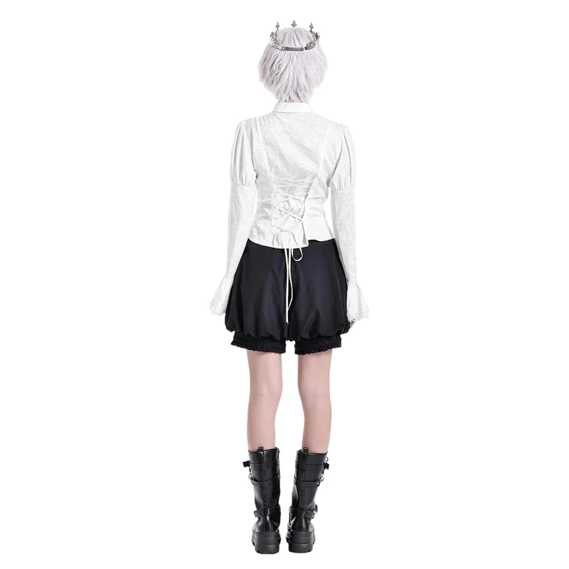 Gothic-Bluse für Damen mit Schnürung, Umlegekragen und Puffärmeln