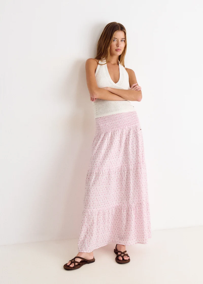 Long printed smocked skirt