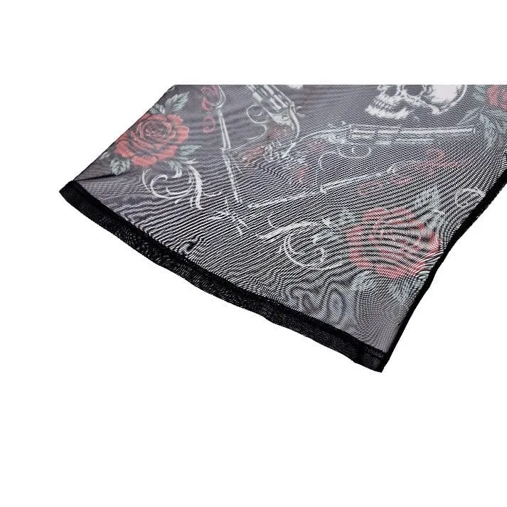 Gothic-Damen-Top mit Rosen-Totenkopf-Print, transparentem Mesh-Einsatz und langen Ärmeln