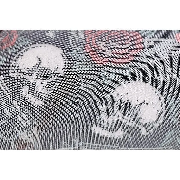 Gothic-Damen-Top mit Rosen-Totenkopf-Print, transparentem Mesh-Einsatz und langen Ärmeln