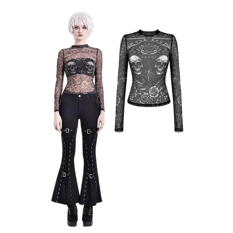 Gothic-T-Shirt für Damen mit Totenkopf- und Blumenmuster, transparentem Mesh-Einsatz und langen Ärmeln