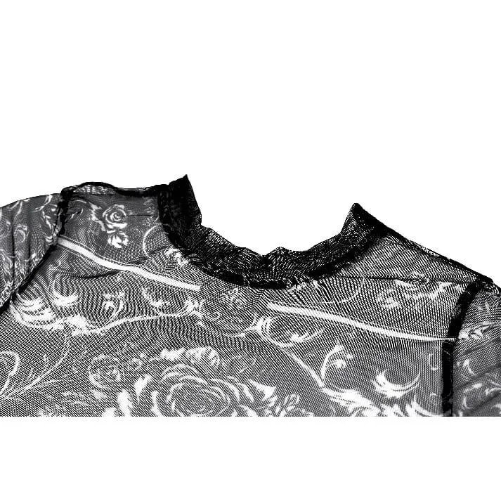 Gothic-T-Shirt für Damen mit Totenkopf- und Blumenmuster, transparentem Mesh-Einsatz und langen Ärmeln