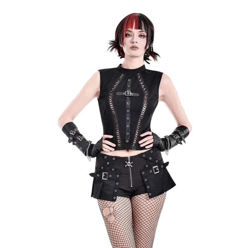 Ärmelloses Punk-Top mit Kreuzausschnitt und Stehkragen für Damen