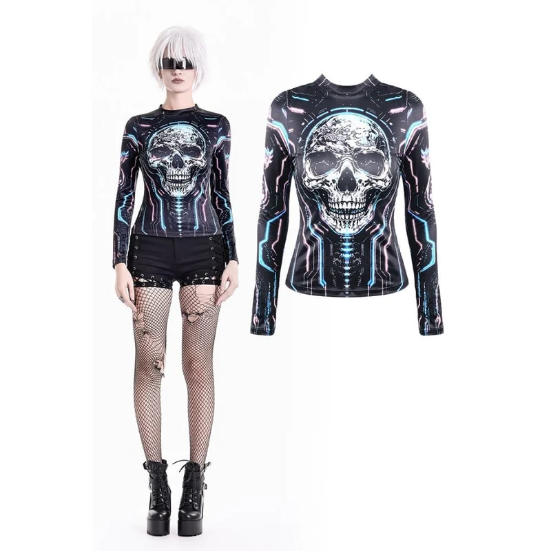Damen Cyberpunk Neon Circuit Totenkopf-Print Stehkragen Langarmshirt