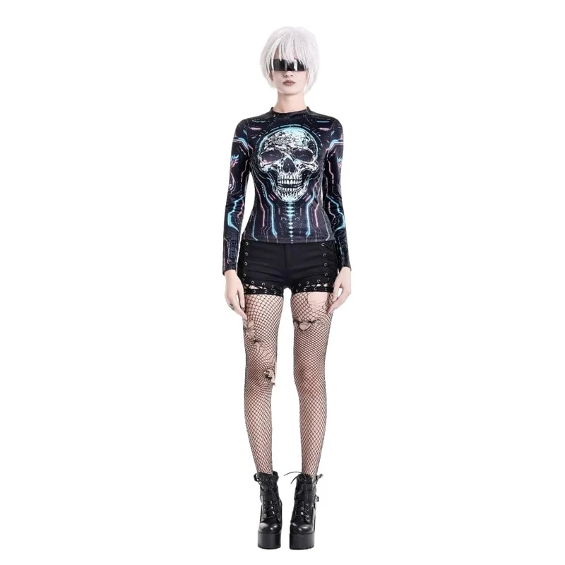 Damen Cyberpunk Neon Circuit Totenkopf-Print Stehkragen Langarmshirt