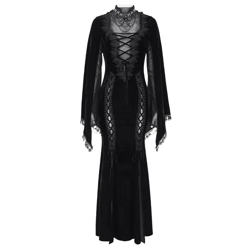 Schwarzes Gothic-Maxikleid aus Samt mit Schnürung, Mesh-Einsätzen, tiefem V-Ausschnitt und ideal als Hochzeitskleid