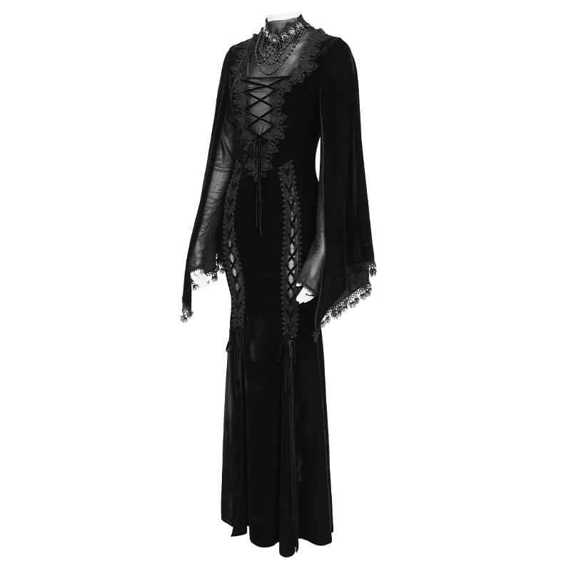 Schwarzes Gothic-Maxikleid aus Samt mit Schnürung, Mesh-Einsätzen, tiefem V-Ausschnitt und ideal als Hochzeitskleid