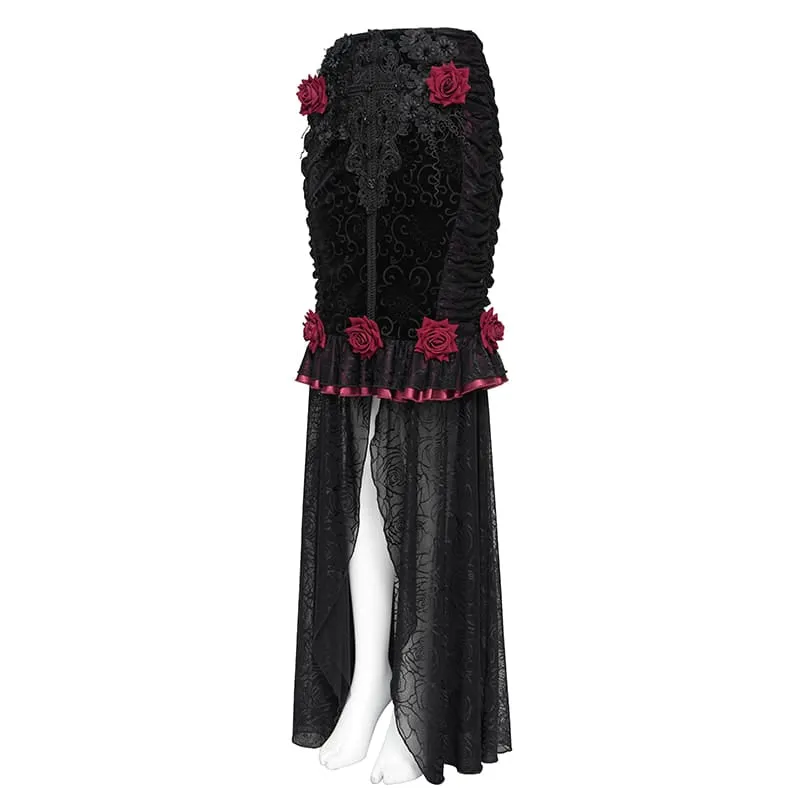 Gothic-Rüschenrock mit Rosenmuster, Meerjungfrauenschnitt, lang, schwarz-rot