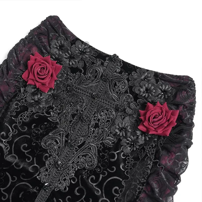 Gothic-Rüschenrock mit Rosenmuster, Meerjungfrauenschnitt, lang, schwarz-rot