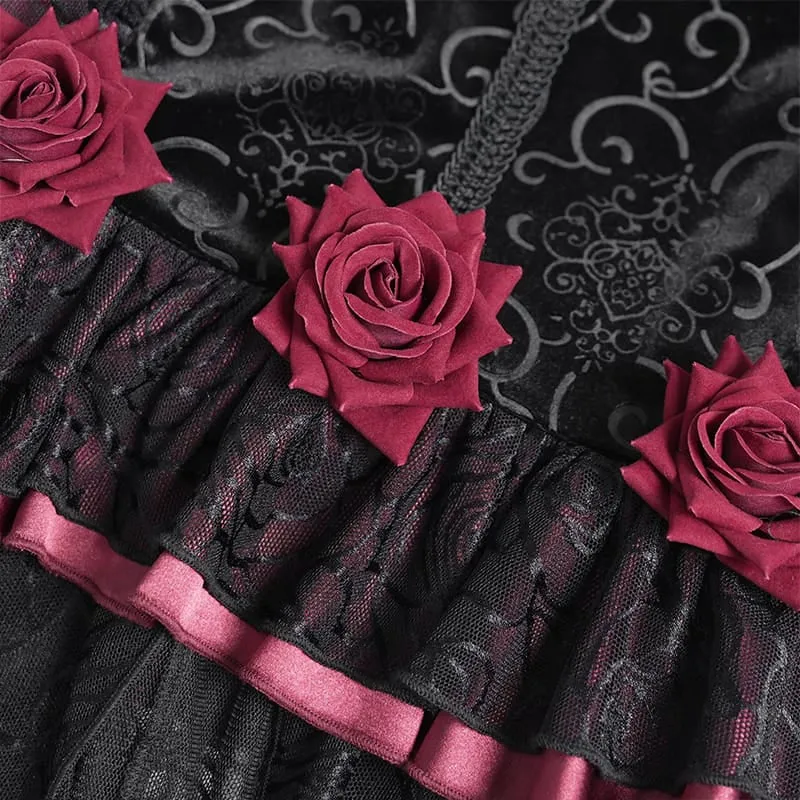 Gothic-Rüschenrock mit Rosenmuster, Meerjungfrauenschnitt, lang, schwarz-rot