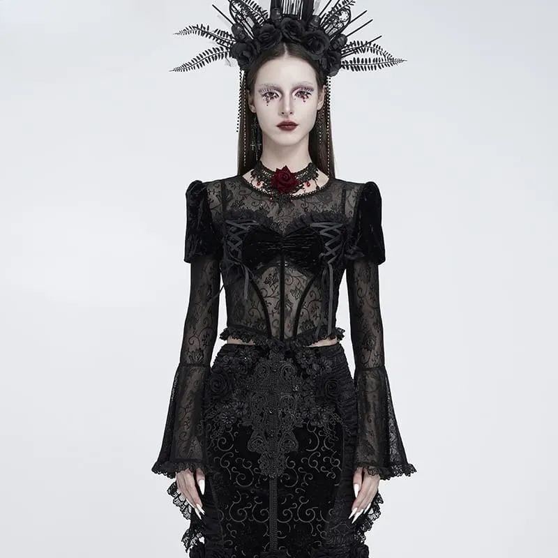 Gothic-Schnür-Samtoberteil für Damen mit Rosenmuster, Mesh-Einsätzen, Puffärmeln und ausgestelltem Rock