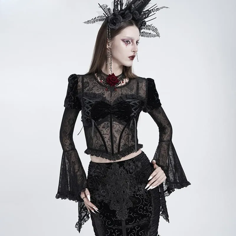 Gothic-Schnür-Samtoberteil für Damen mit Rosenmuster, Mesh-Einsätzen, Puffärmeln und ausgestelltem Rock