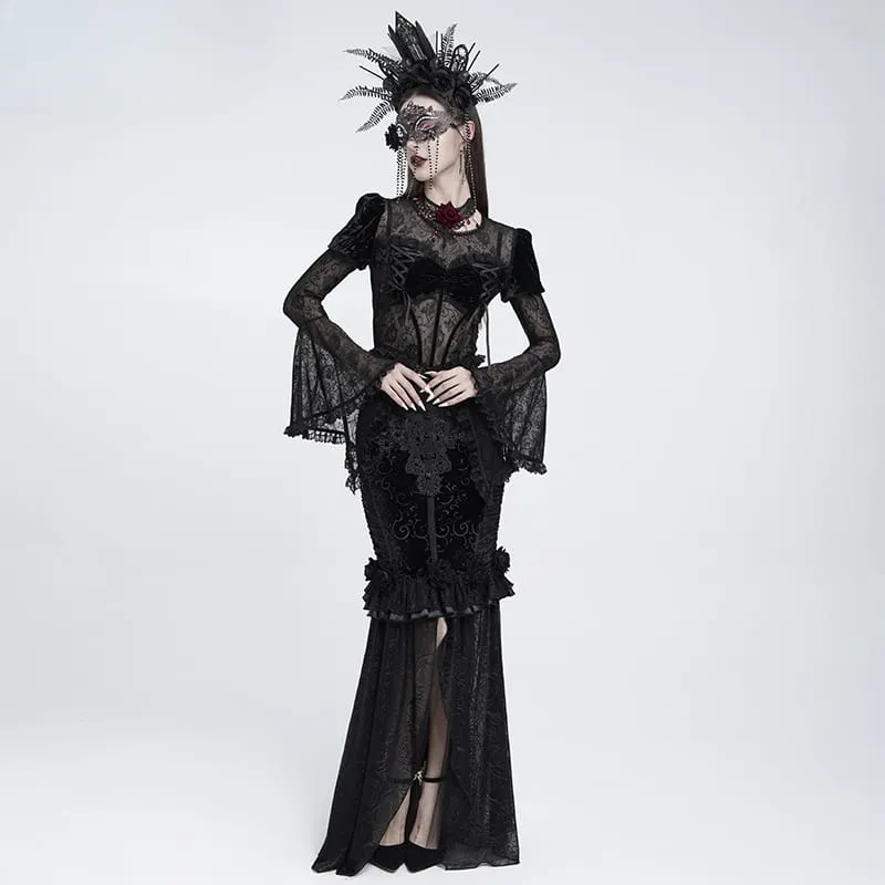 Gothic-Schnür-Samtoberteil für Damen mit Rosenmuster, Mesh-Einsätzen, Puffärmeln und ausgestelltem Rock