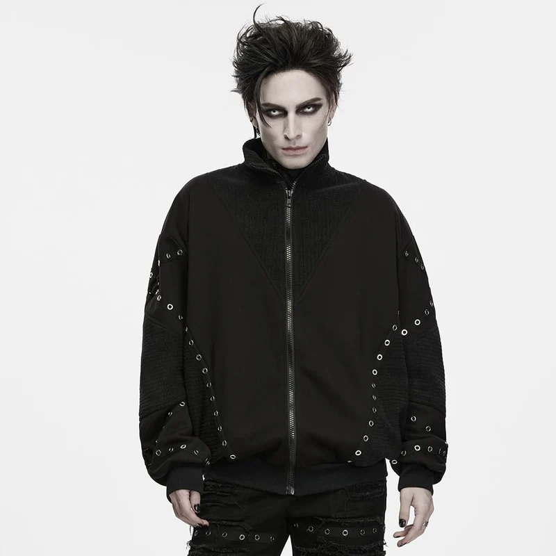Punk-Herrenjacke mit Stehkragen, Reißverschluss und Ösen