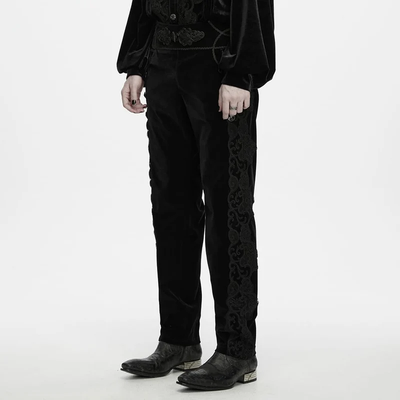 Schwarze Herrenhose im Gothic-Stil mit Applikationen, Schnürung und seitlichem Reißverschluss