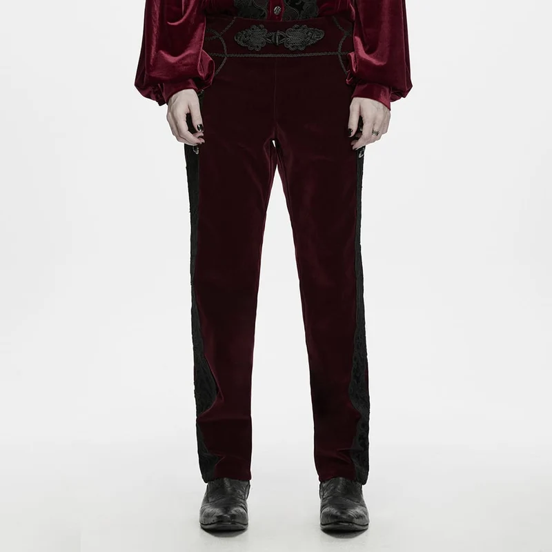 Herrenhose im Gothic-Stil mit Applikationen, Schnürung und seitlichem Reißverschluss, rot