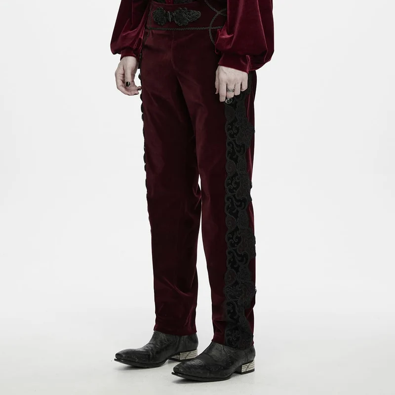 Herrenhose im Gothic-Stil mit Applikationen, Schnürung und seitlichem Reißverschluss, rot