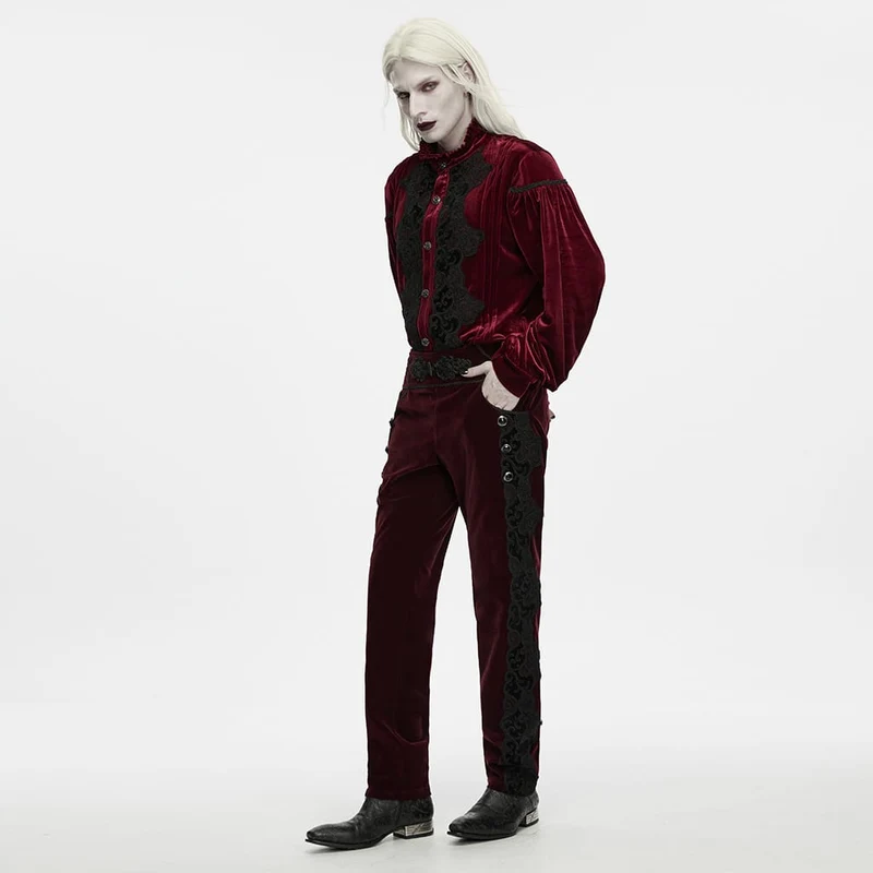 Herrenhose im Gothic-Stil mit Applikationen, Schnürung und seitlichem Reißverschluss, rot