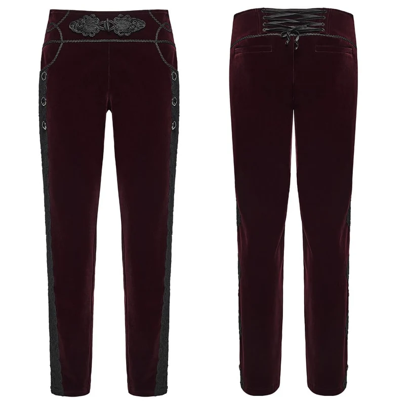 Herrenhose im Gothic-Stil mit Applikationen, Schnürung und seitlichem Reißverschluss, rot