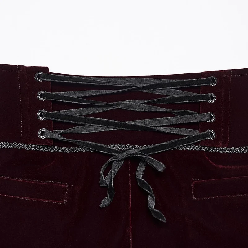 Herrenhose im Gothic-Stil mit Applikationen, Schnürung und seitlichem Reißverschluss, rot