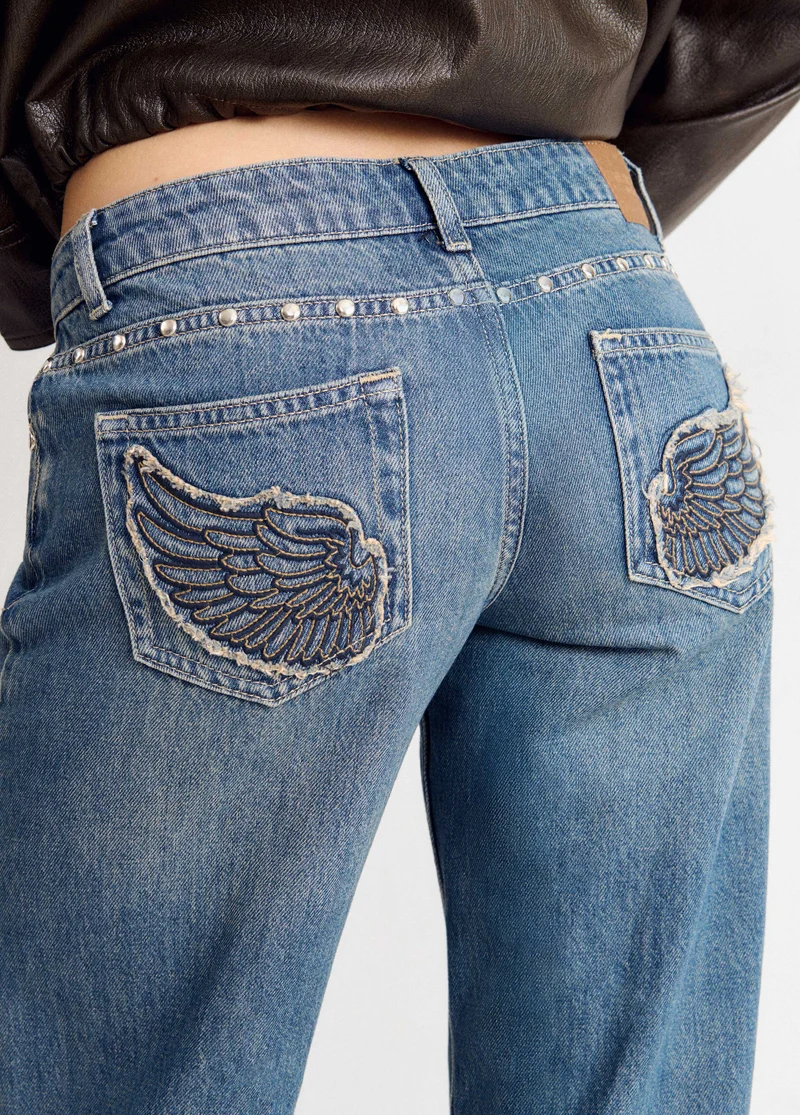 Straight-leg jeans with embroidered wings