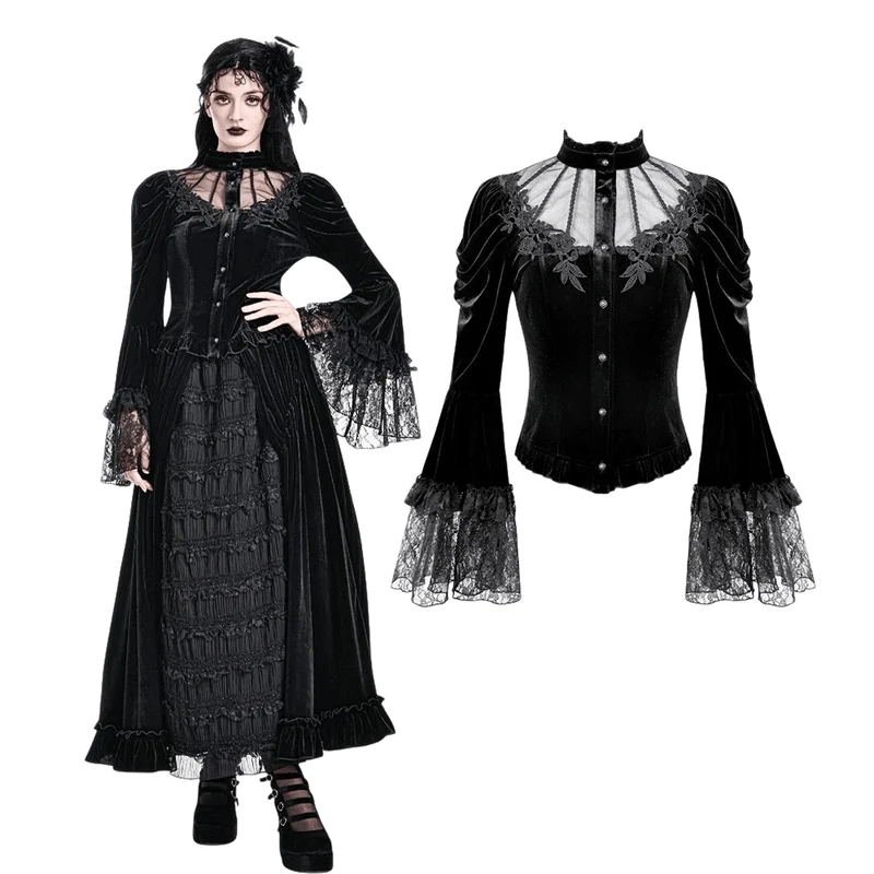 Gothic-Bluse aus Samt für Damen mit floralen Applikationen, gerafften Glockenärmeln und Rüschen.