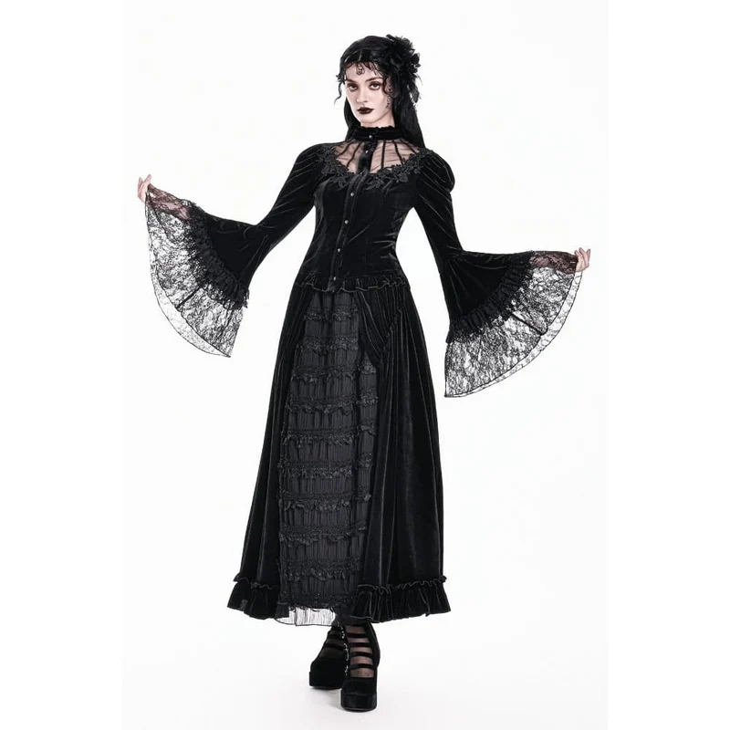 Gothic-Bluse aus Samt für Damen mit floralen Applikationen, gerafften Glockenärmeln und Rüschen.
